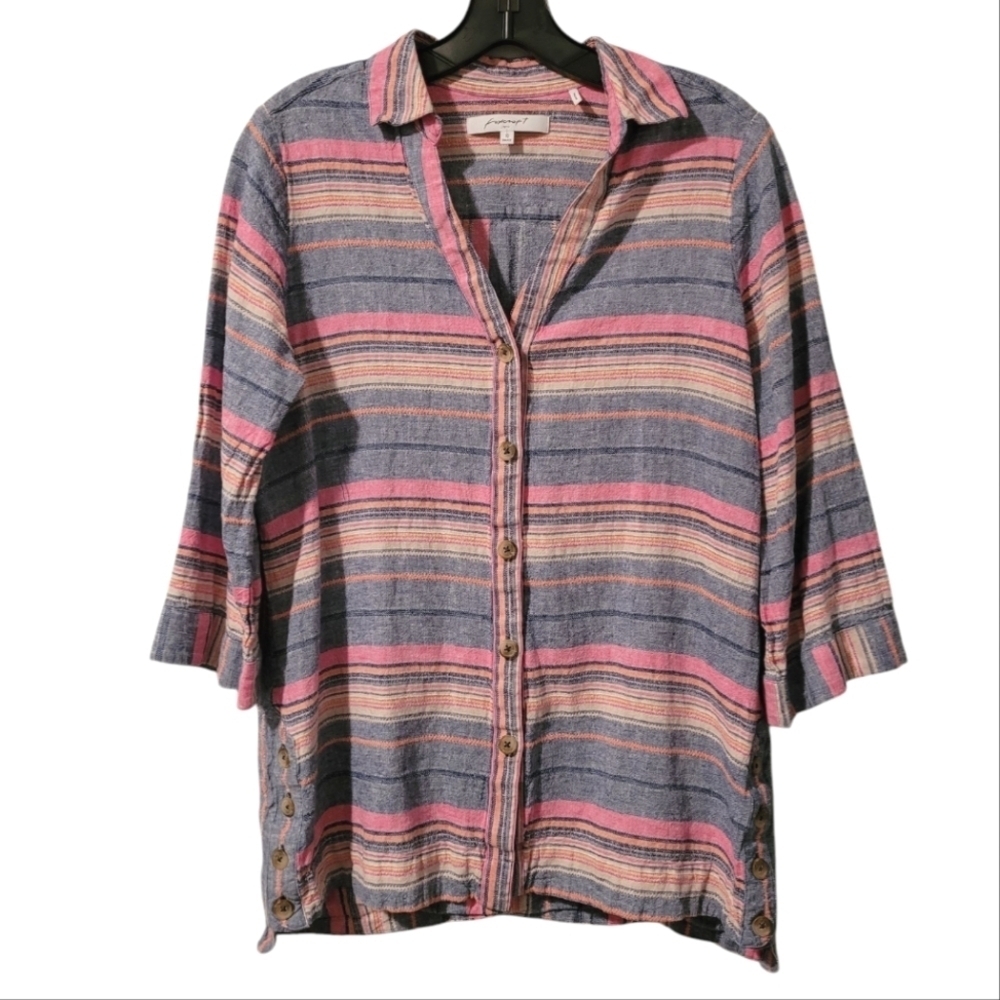 Foxcroft NYC Striped V-neck Button-Up shirt Women's size 10 boho Linen Viscose